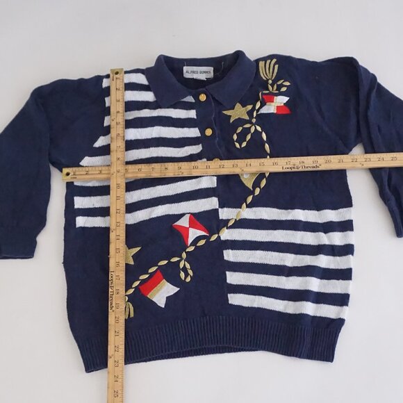 Vintage Alfred Dunner Navy Nautical Flag Stripe Sweater Rope Star Embroidery M - Picture 3 of 9